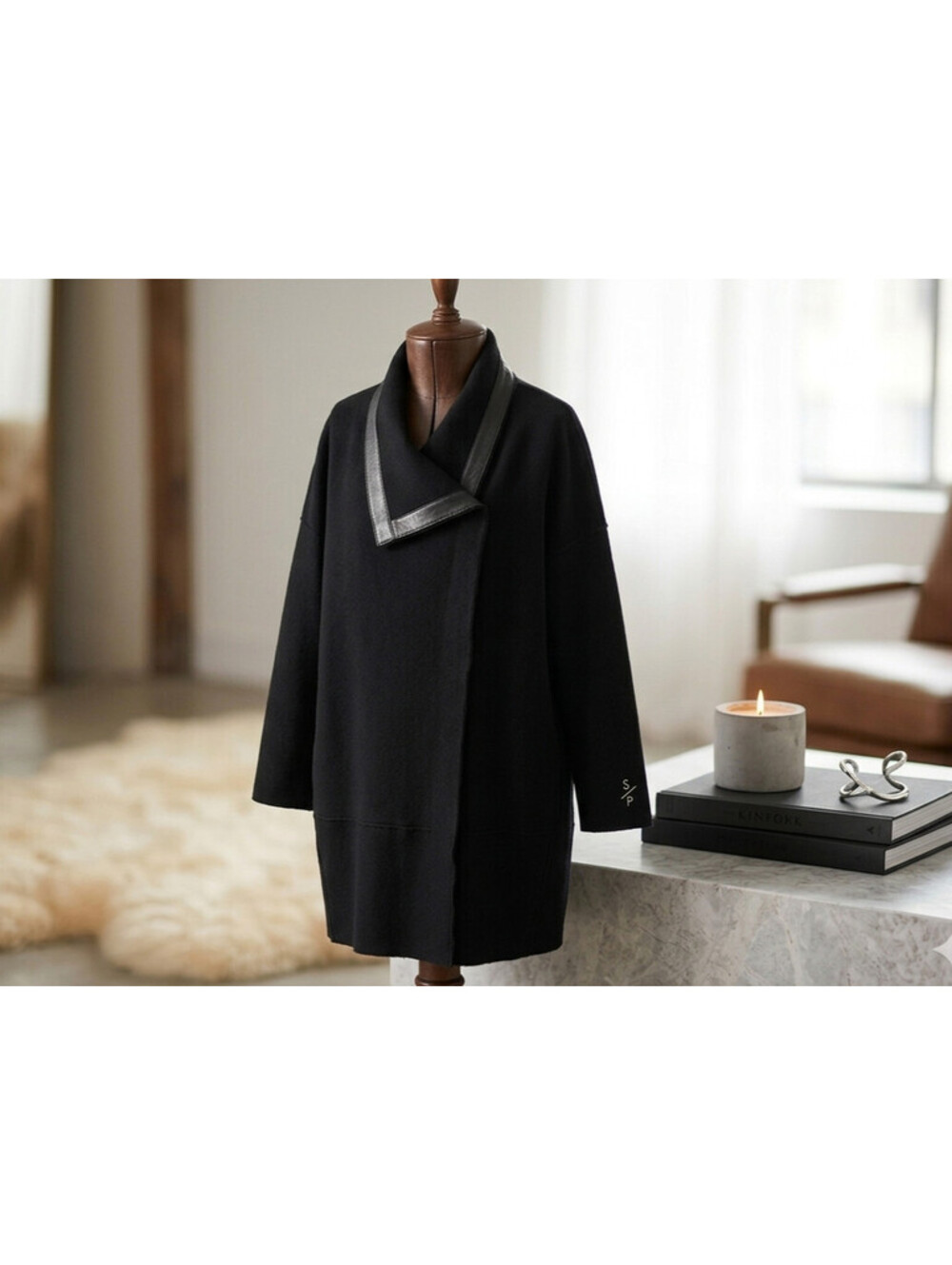 Eileen Fisher Raw Edge Boiled Wool Coat Jacket Genuine Leather Detail Black S/P